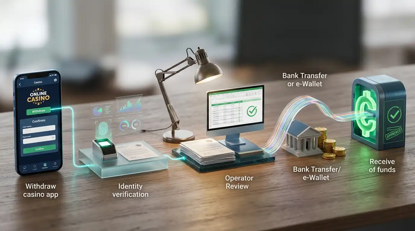 Withdrawal process moving from request through verification and processing to receipt