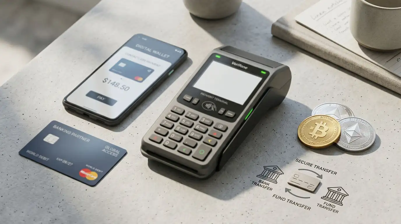 Cards, an e-wallet, bank transfer and cryptocurrency payment categories