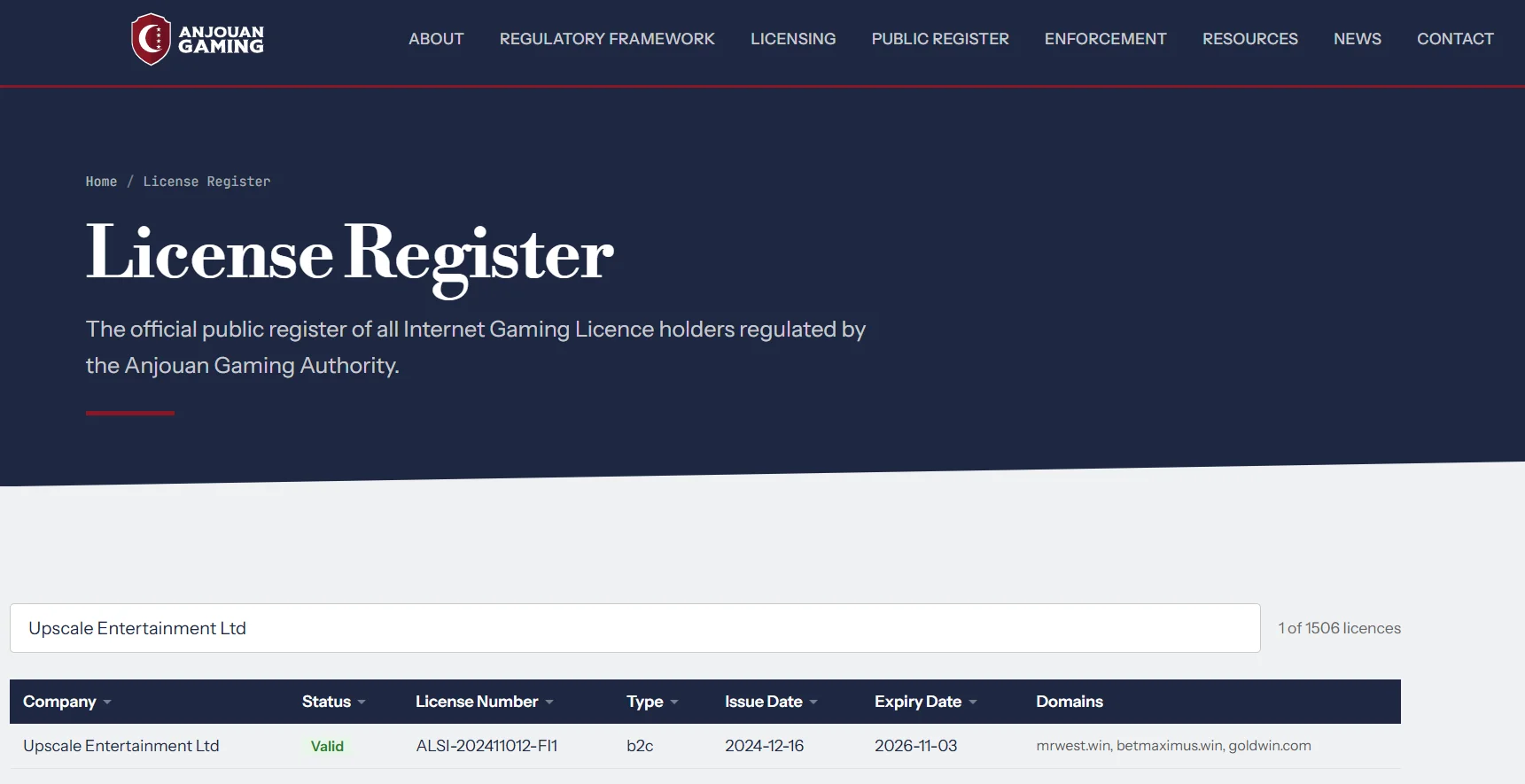 Anjouan Gaming Authority public register entry used to verify GoldWin's operator, licence number and domain