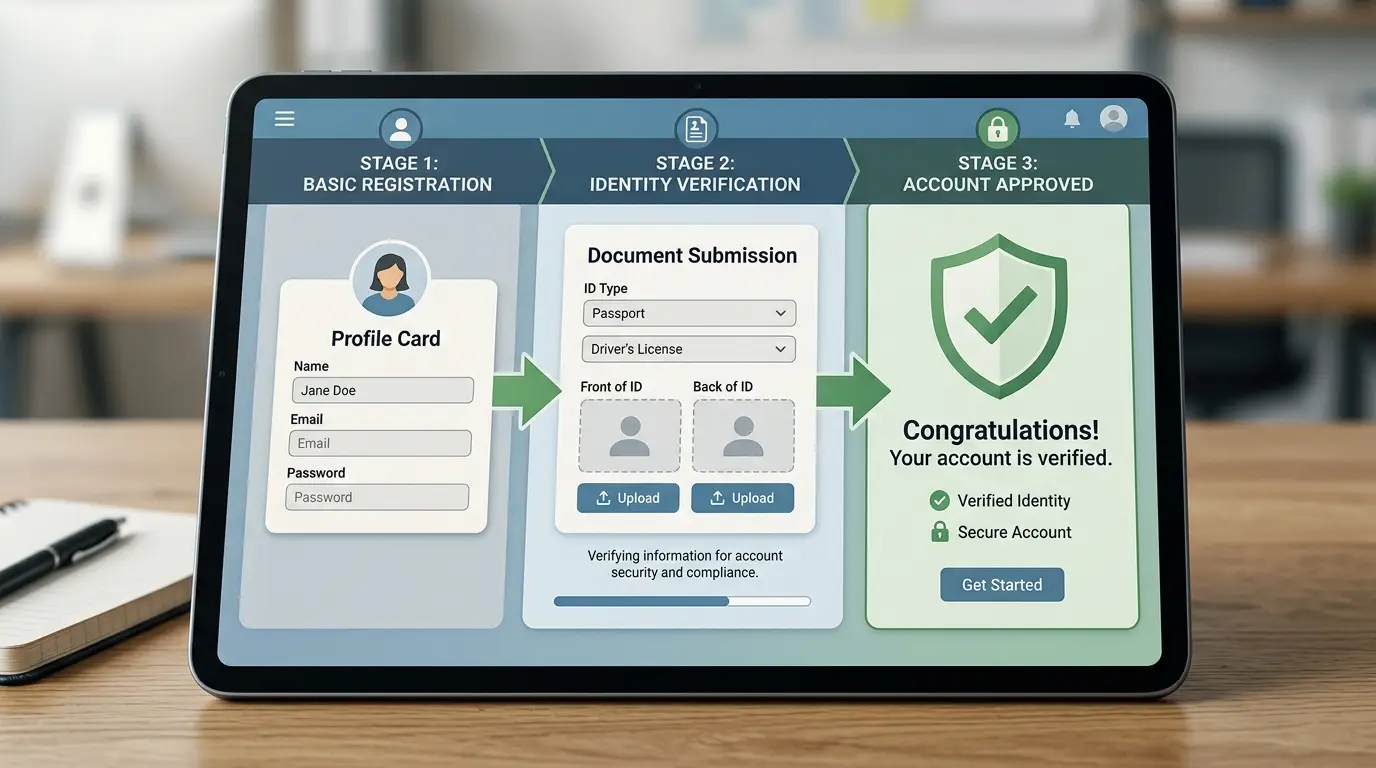 Account verification flow with sign-up, identity check and approval stages
