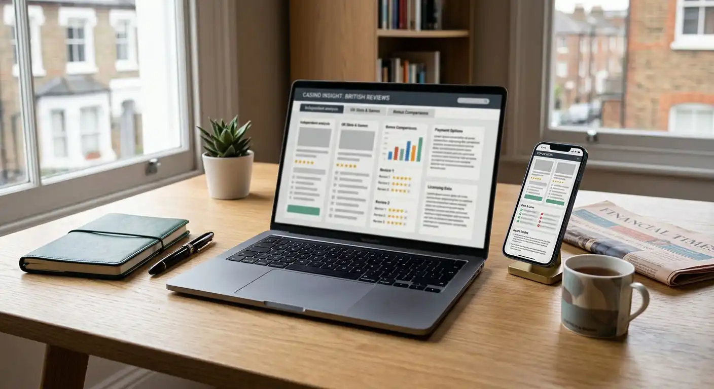 Laptop and mobile phone representing online casino review checks for UK readers