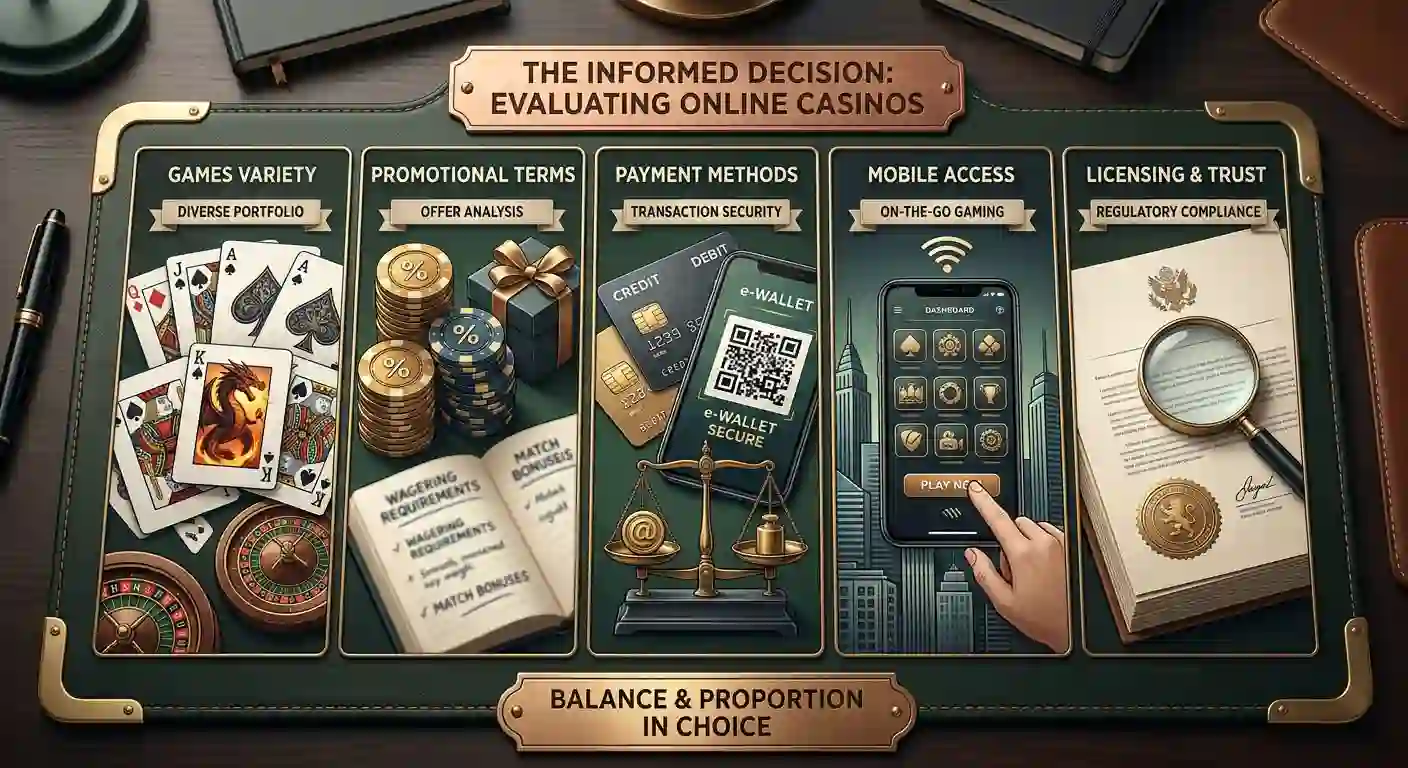Decision graphic comparing games, bonus, payments, mobile access and licence checks